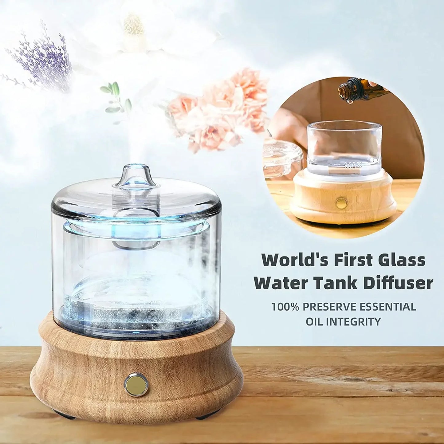Elevate Your Space with the Elegant Glass Essential Oil Diffuser – Mist Discharge, Auto Shut-Off, and Colorful Lights for a Relaxing Atmosphere