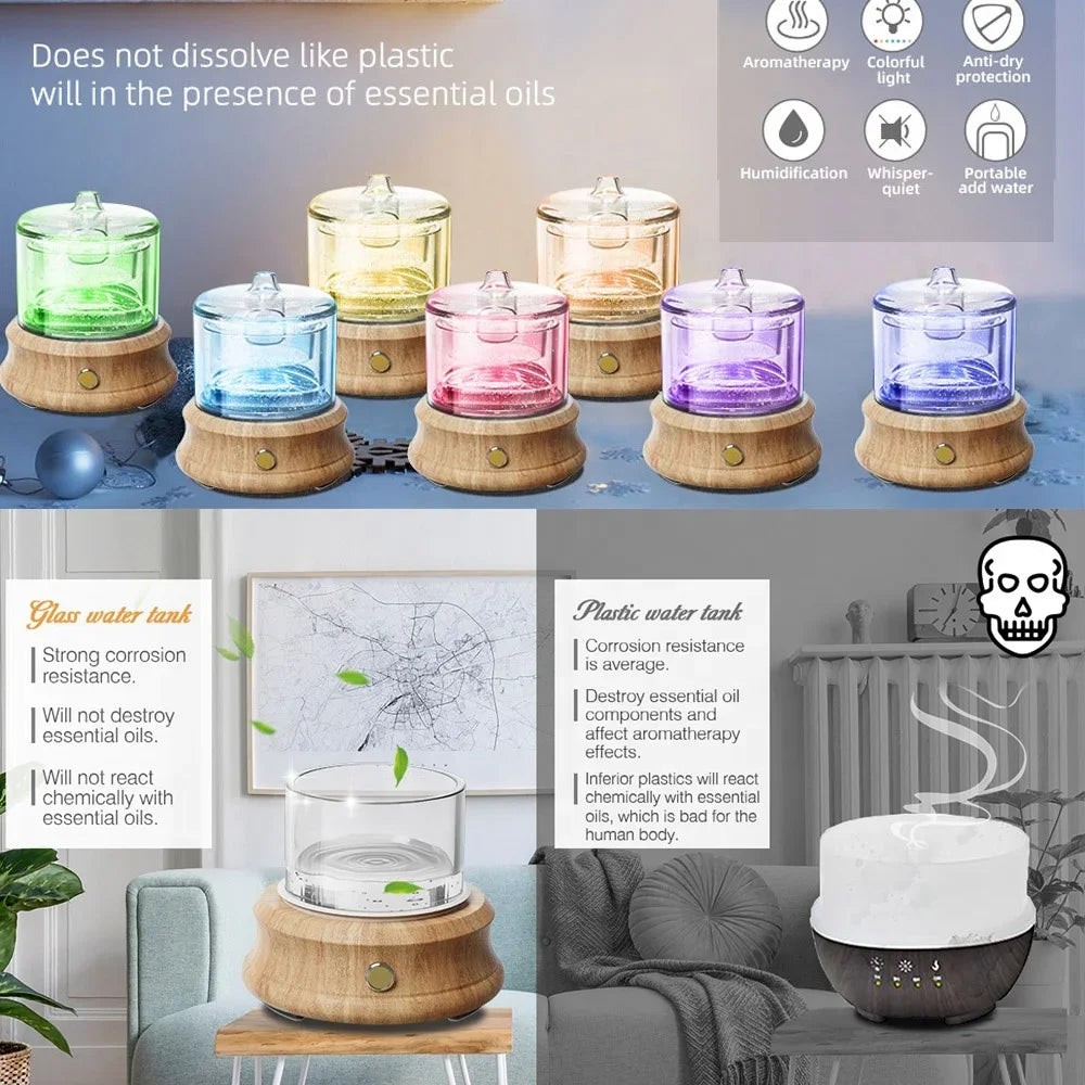Elevate Your Space with the Elegant Glass Essential Oil Diffuser – Mist Discharge, Auto Shut-Off, and Colorful Lights for a Relaxing Atmosphere
